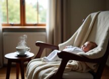 Madre stanca che allatta il suo bambino con dolcezza