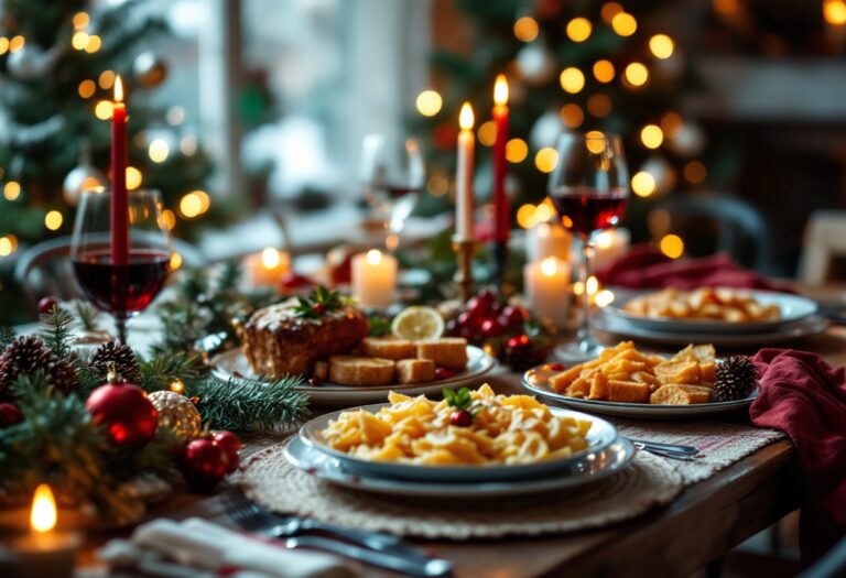 Immagine di cibo natalizio con avanzi e decorazioni festive