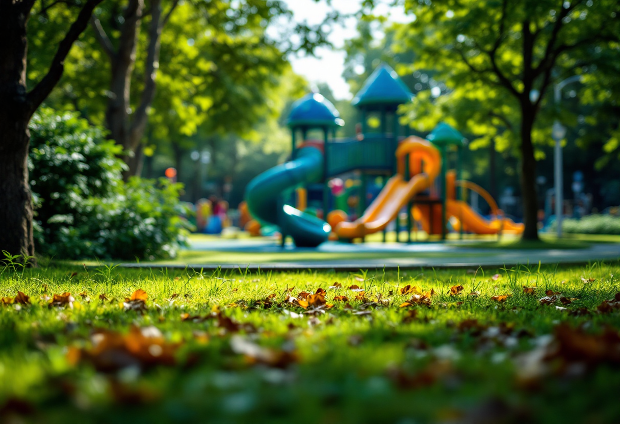 Bambini che giocano in un parco giochi colorato