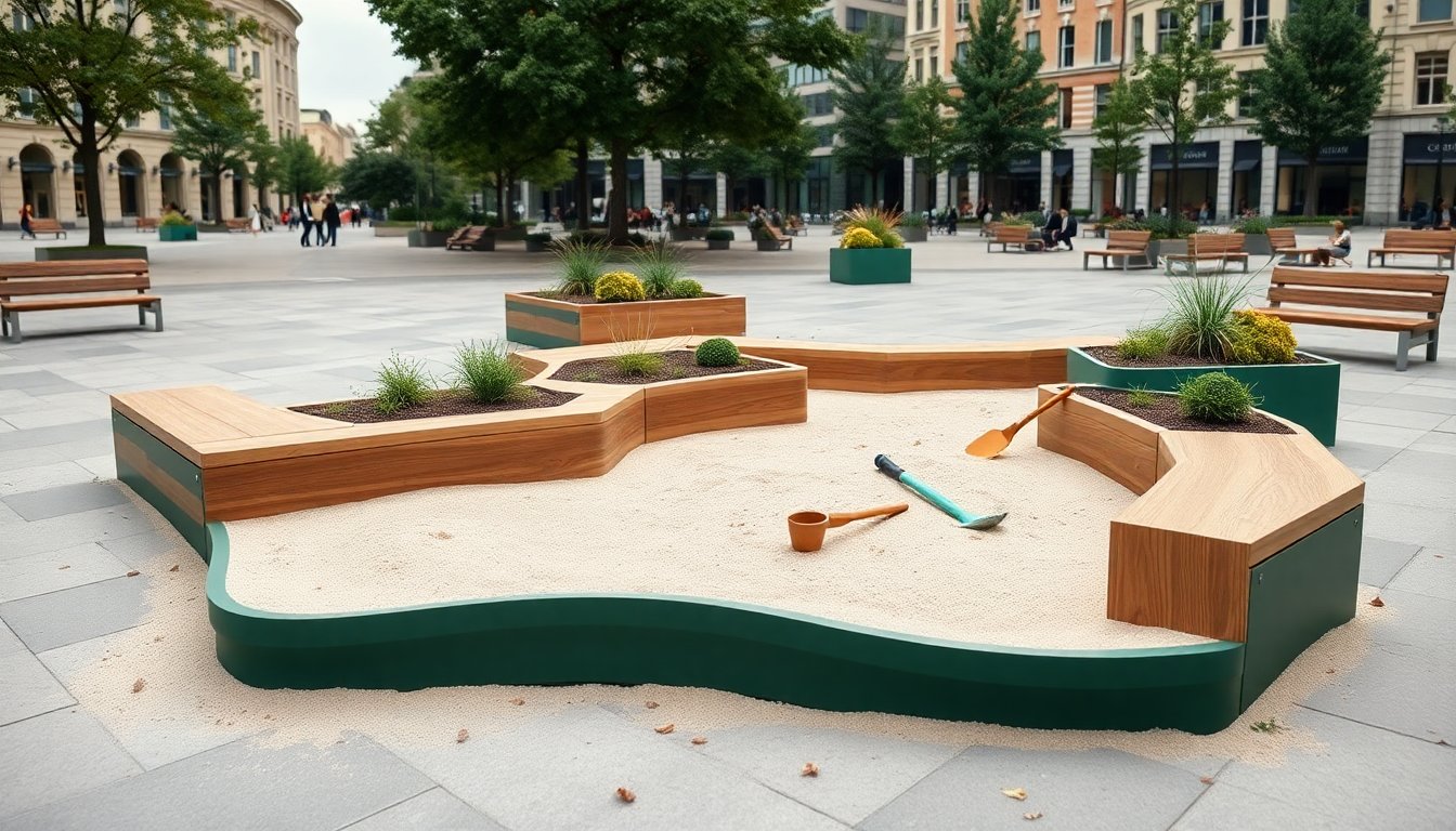 Sabbiera modulare e panchine verdi per nuove piazze